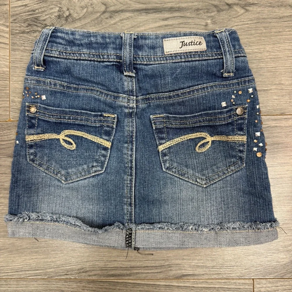 Y2K Justice Denim Mini Skirt Girls 7S Rhinestone Studded Bling Frayed‎ Hem
